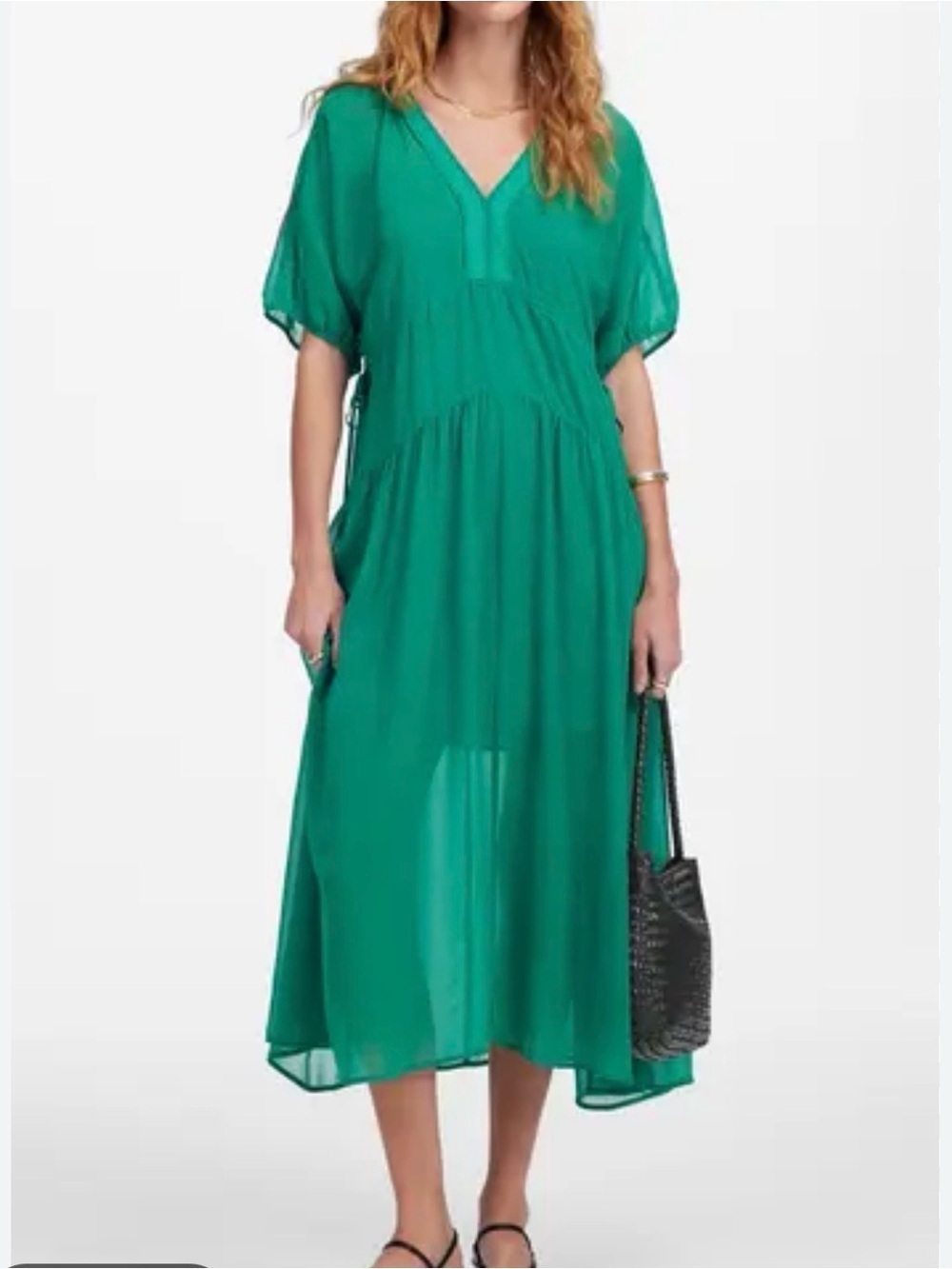 NEW Madewell L/XL Sheer V neck Kelly green side cinch maxi dress euro summer